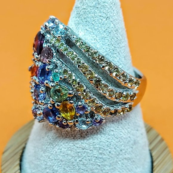 Natural Garnet, Emerald, Tanzanite 925 Sterling Silver Ring Sz 7.5 - Picture 7 of 9